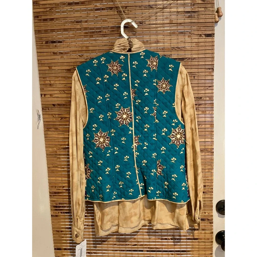 Howard Wolf Vintage 3-Piece Set Teal Gold Paisley‎ Quilted Vest Skirt Blouse 12